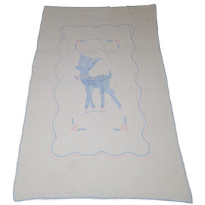 Vintage 1950s CHENILLE Baby Bedspread Blanket Pastels Blue Lamb 64 x 40